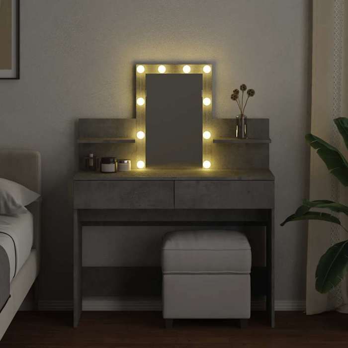 Meuble de maquillage - Coiffeuse avec LED - Gris béton - 100x40x130 cm - Assemblage requis（3999）