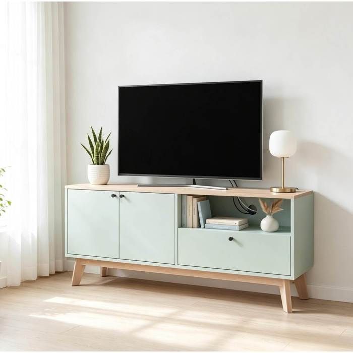 Meuble TV 120 cm pour TV 36 pouces 2 portes 1 tiroir niche ouverte MDF vert clair chêne 50 kg JOINERY