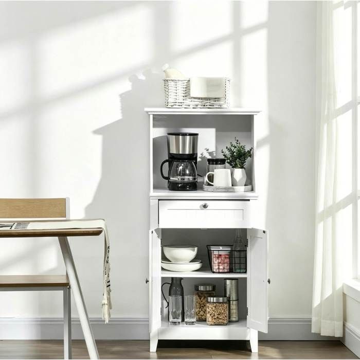 ULEVR meuble micro-ondes blanc 60 x 40 x 122 5 cm en MDF avec niche ouverte tiroir double porte et étagère réglable