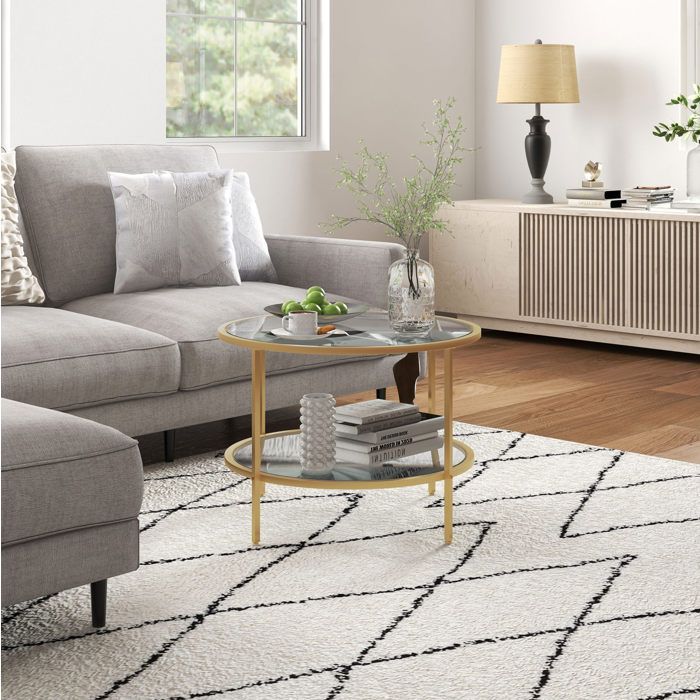 Table basse ronde avec 2 étagères et rangement plateau en verre structure métal pour salon Ø60 × 43 cm - UVRION