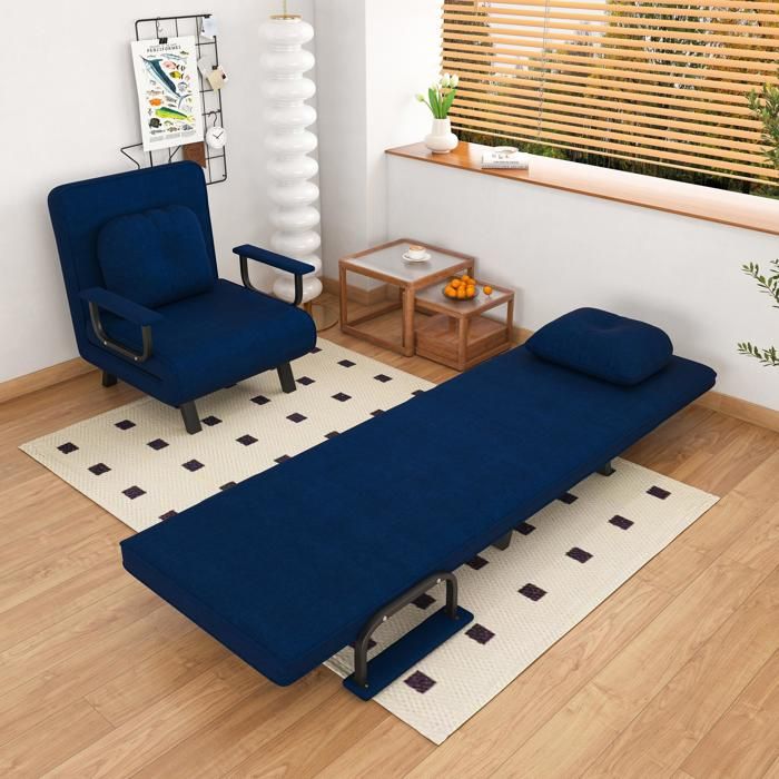 Fauteuil Relax Convertible - 60x60x80cm - Chauffeuse Lit 185cm Dossier 5 Positions 180° Chenille Métal - Bleu
