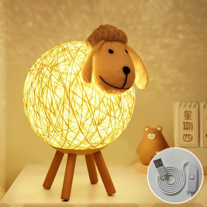 Veilleuse - Mouton Lampe de Chevet en Rotin - Lumière Blanche Chaude - Chambre Bébé - Cadeau
