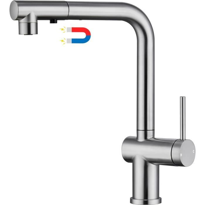 Robinet Cuisine Avec Douchette Extensible Mitigeur Cuisine Robinet De Rotatif à 360°, 3 Modes De Réglage Du Débit D'eau, Argent Brossé | Leroy Merlin