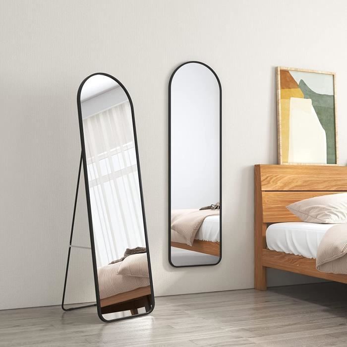 Miroir Sur Pied OWLKELA 140x50cm - Grand Miroir Pleine Longueur Cadre Noir Coins Arrondis, À Poser Ou Suspendre Pour Chambre, Dressing Et Salon