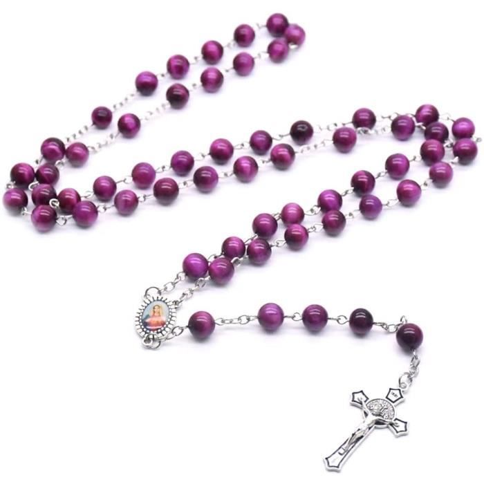 8mm Chapelet Perles de prière Oeil de Tigre Pierre Collier Vierge Croix ...