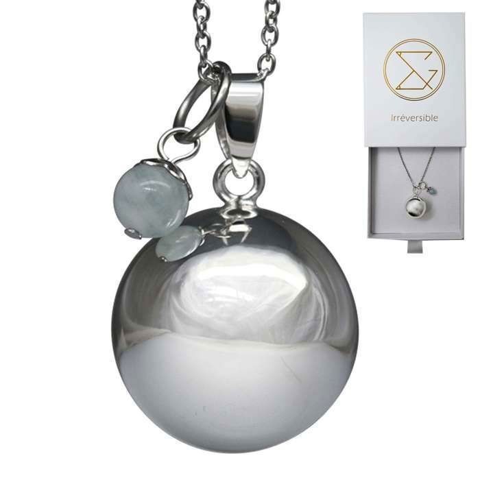 Bola de grossesse argent lisse pierre naturelle avec chaîne - Lithothérapie Aigue Marine Béryl - plaquée argent - coffret cadeau