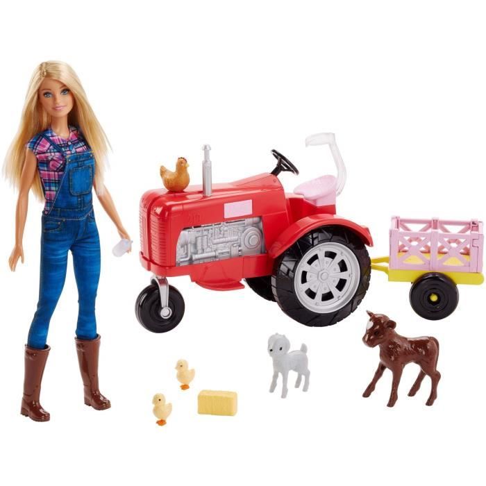 Barbie Métiers Coffret Ferme avec poupée fermière en salopette et tracteur  rouge avec charrette et figurines d'animaux, jouet pou - Cdiscount Jeux -  Jouets