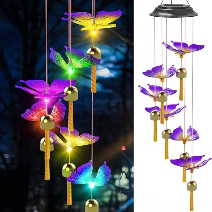Carillon Éolien Solaire Papillon LED Multicolore – Tubes Aluminium, Lumière Changeante, Déco Jardin Et Terrasse