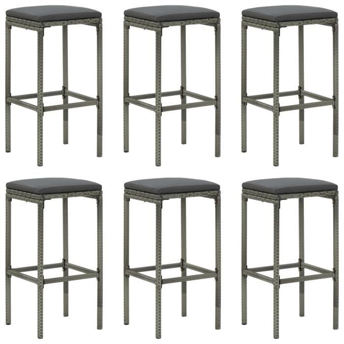 Lot de 6 tabourets de bar gris en résine tressée et acier avec coussins en tissu