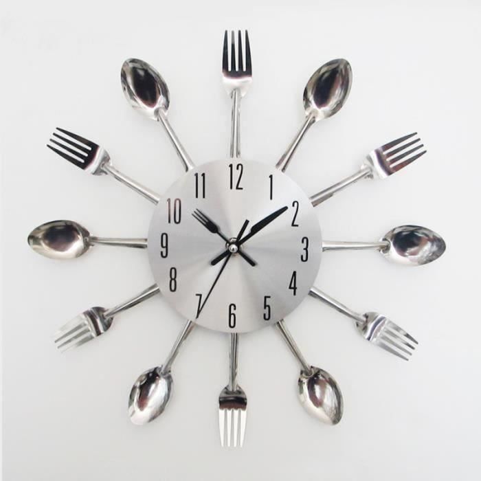 Horloge de cuisine effet miroir avec cuillère fourchette autocollant amovible en 3D pour la décoration de la maison
