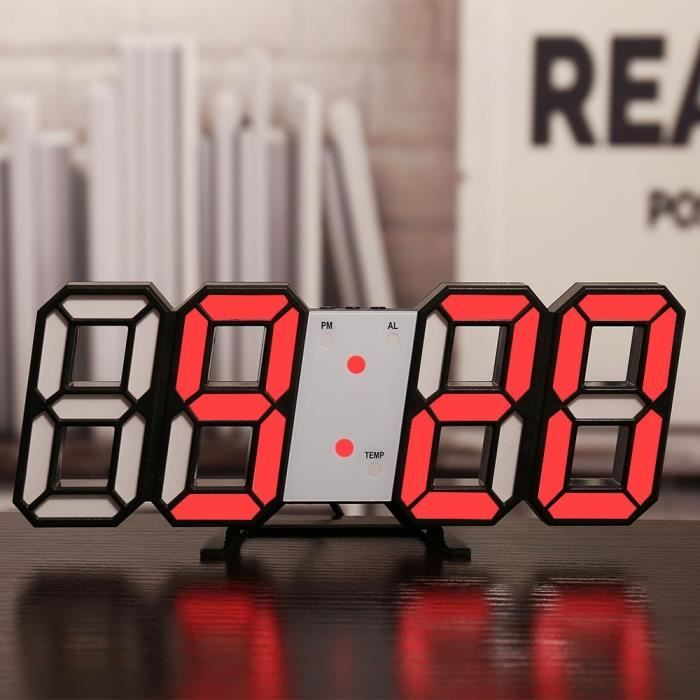 Cadre noir rouge - Horloge murale numérique Led Portable, affichage de la  Date, de la température et de la nu