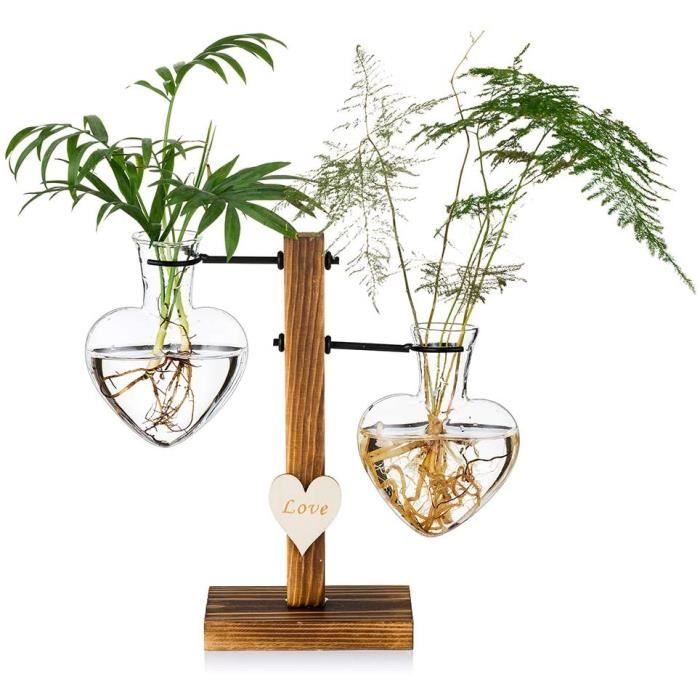 vases en verre avec support en bois Terrarium pour plantes hydroponiques Accueil Bureau Jardin Décor LESES Vase en verre Station de propagation