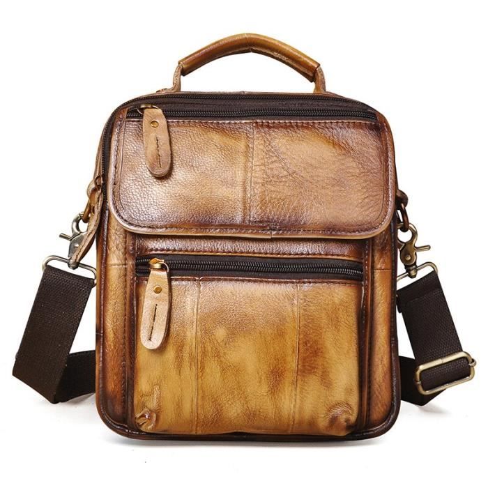Sac à Main Bandoulière Homme LAOSHIZI - Cuir De Vache Véritable - Marron - Neuf
