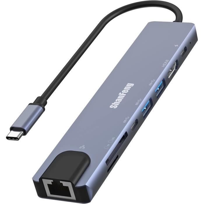 Hub USB-C 8-en-1 : HDMI 4K, Ethernet, Charge 100W, 3x USB, Lecteur SD/TF - Pour MacBook, IPad, PC