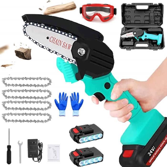 Mini Tronçonneuse Électrique 24V Sans Fil - 4 Pouces Avec 2 Batteries & 4 Chaînes | Parfaite Pour Jardin Et Élagage