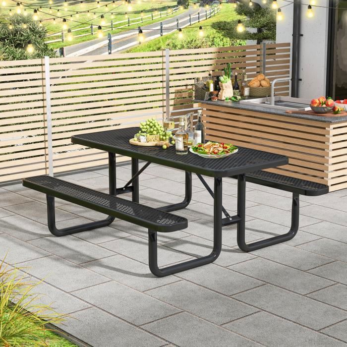 COSTWAY Ensemble Table et Bancs de Pique-Nique pour 8 Personnes Jardin de Camping en Maille Métallique avec Bancs Intégrés Noir