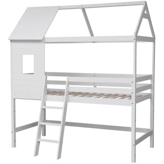 lit cabane mezzanine pour enfant - happy garden - margot blanc - bois - 90x190cm