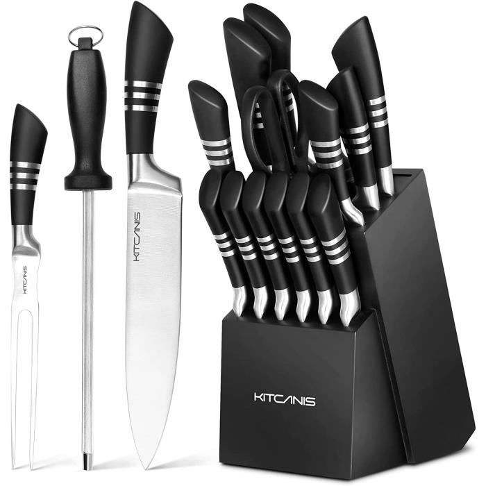 Set 17Pcs Couteau de cuisine Professionnels en acier inoxydable avec bloc à  couteaux en bois massif - Cdiscount Maison