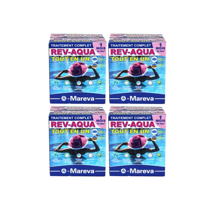 Lot de 4 kits Rev-Aqua MAREVA traitement complet pour piscine de 18 à 30 m3 - 4 mois