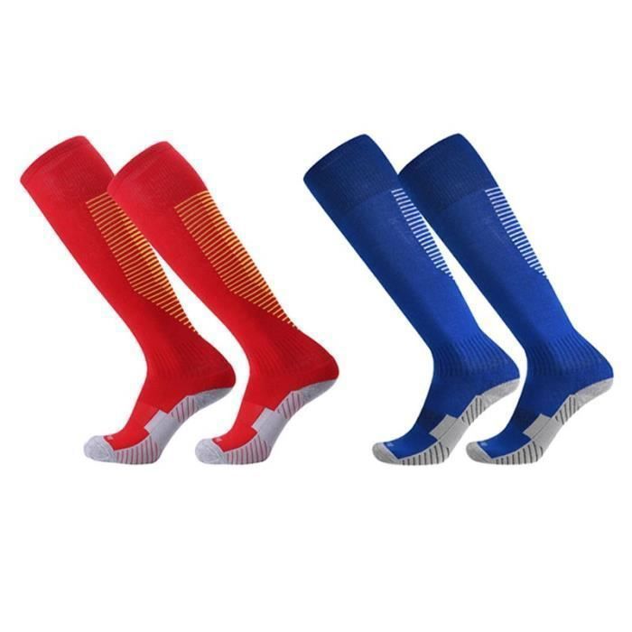 2 Paires Chaussettes de Football Enfant Chaussettes de Sport Protection Respirantes Antidérapant - Rouge Bleu