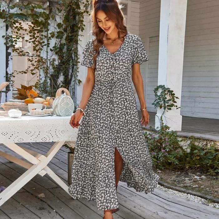 Robe Femme Boheme Chic Et Elegant Vacances à La Plage Col En V Sexy