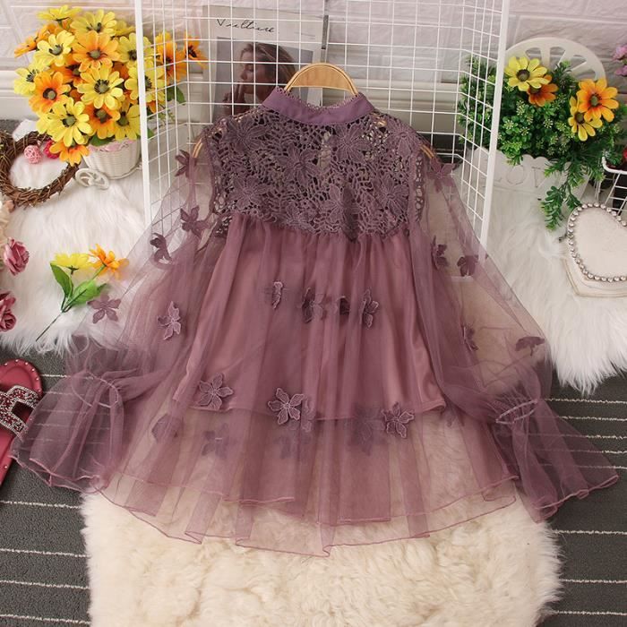 TICTICMISS Chemises à Manches Longues En Dentelle Pour Femme - Hauts Henley Décontractés Pour L'automne, Abricot, Petit