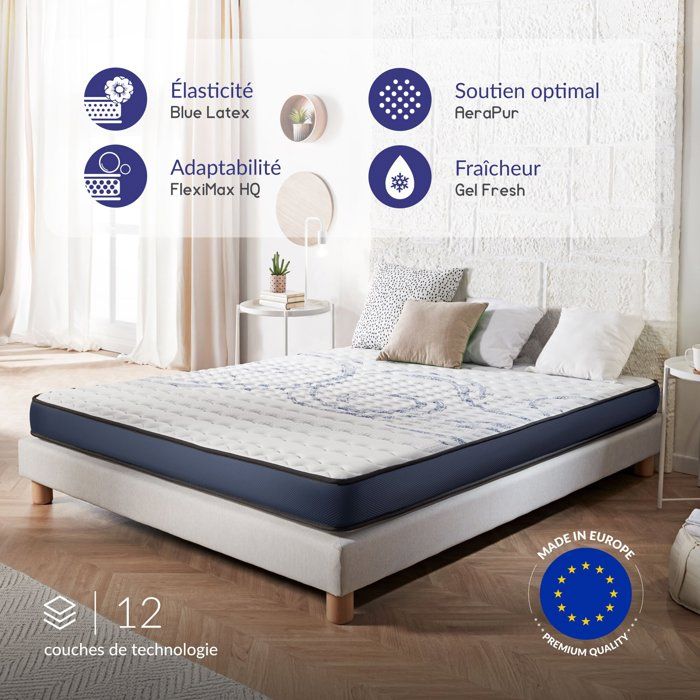 Matelas Dream Komfort 80x190 cm - Technologie Blue Latex et mousse HR à mémoire de forme - Réversible - 7 zones - Respirant Matelas Dream Komfort 80x190 cm - Technologie Blue Latex et mousse HR à mémoire de forme - Réversible - 7 zones - Respirant