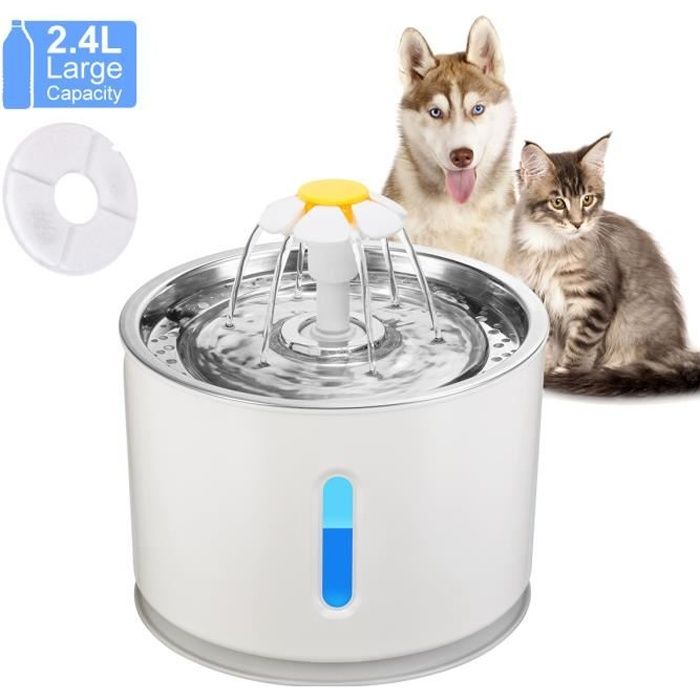 Comparer les prix de Fontaine à Eau pour Chat et Chien Fleur avec Filtre et LED Lumineuse, Inoxydable 2.4L Fontaine de Filtre Silencieuse Pompe à Eau