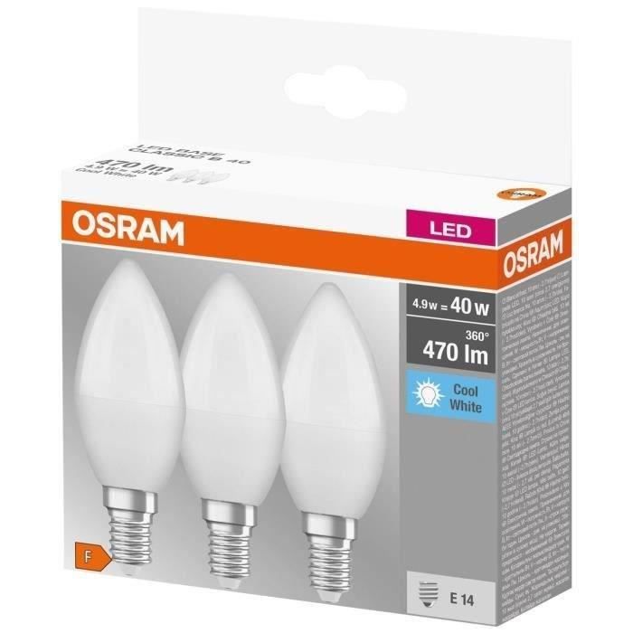 OSRAM Boite de 3 Ampoules LED flamme dépolie avec radiateur E14 4,9W - Blanc froid