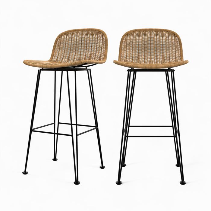 Lot de 2 chaises de bar 76 cm en résine tressée marron - Jigani - Maison Pavane