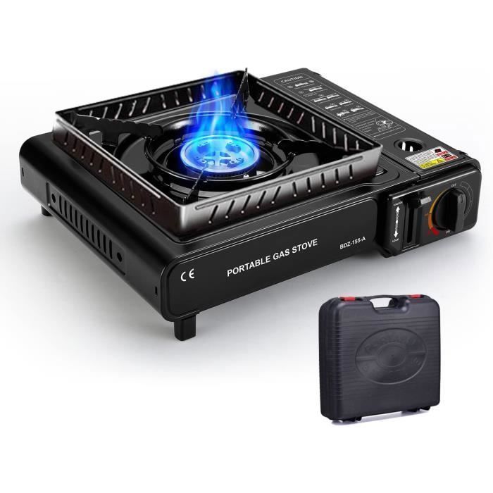 Réchaud à Gaz de Camping - RITONDA - Double usage - Puissance 29 kW - Compatible gaz butane Avec Anneau Coupe-Vent Noir