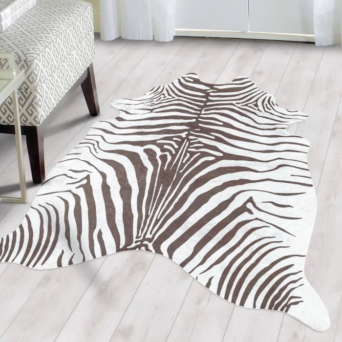 Tapis de salon Lavable Tissu Plat Robuste Zèbre Motif Marron 150 x 200 cm