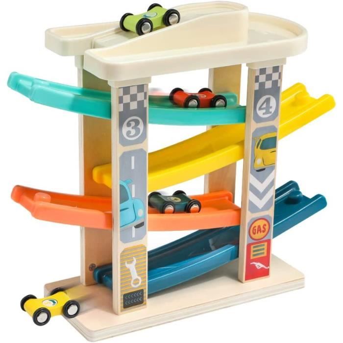 Jacootoys Piste de Course en Bois Rampe Racer avec 4 Mini Voitures Jouets pour Tout-Petits de 1 à 2 Ans Garçons Fille Cadeaux