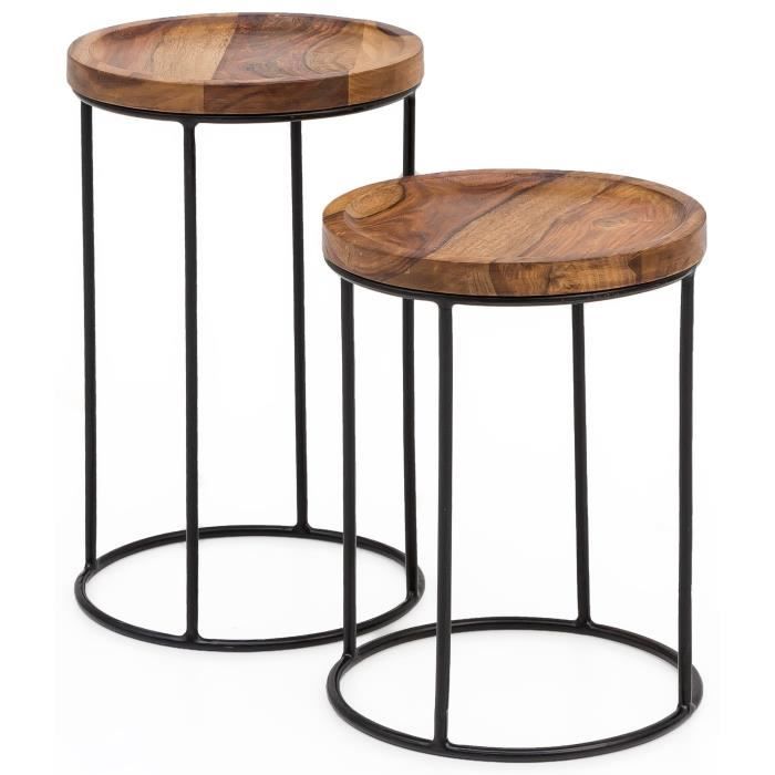 ensemble de 2 tables de chevet en bois sheesham et métal - wohnling