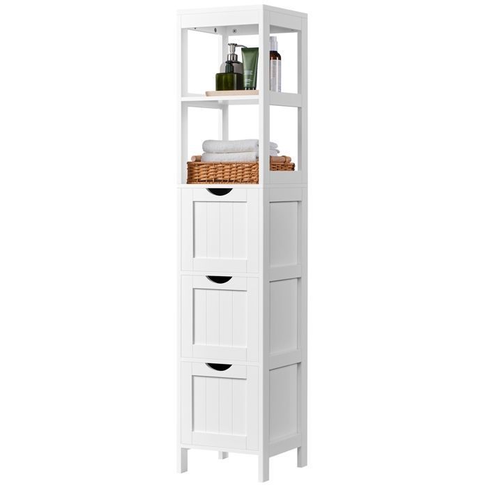 Colonne Salle de Bain en Bois-3 Tiroirs et 2 Casiers-Armoire de Rangement Meuble Haut Salon/Toilettes-30×30×142 cm Blanc YAHEETECH Colonne Salle de Bain en Bois-3 Tiroirs et 2 Casiers-Armoire de Rangement Meuble Haut Salon/Toilettes-30×30×142 cm Blanc YAHEETECH