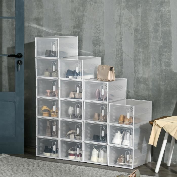 Lot de 8 boites cubes rangement à chaussures modulable avec portes  transparentes - dim. 25L x 35l x 19H cm - PP blanc transparent