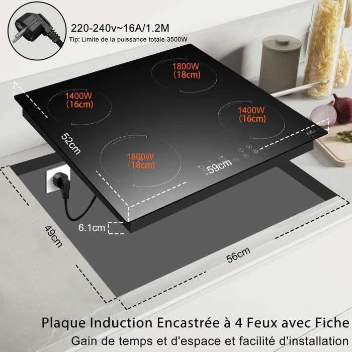Hobsir Plaque Induction 4 Feux, 3500W, Plaque À Induction Avec Prise, Plaque De Cuisson