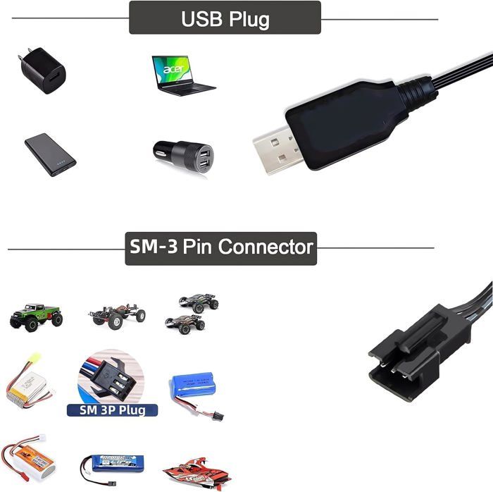 Lot De 4 Câbles Chargeur USB 7.2V Pour Batteries RC - Port SM, Pour Voitures, Drones SCX24