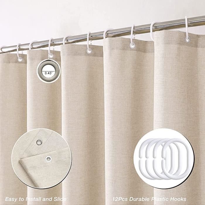 Rideau De Douche En Lin Texturé EurCross 90x200 Cm - Imperméable, Anti-moisissure, Beige - Avec 6 Anneaux