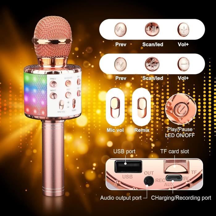 ShinePick Microphone Sans Fil Karaoké, Microphone Karaoké Bluetooth Portable Avec Haut-parleur Et LED Pour Enfants, Compatible Avec Android/iOS, PC, AUX Ou Smartphone (Noir