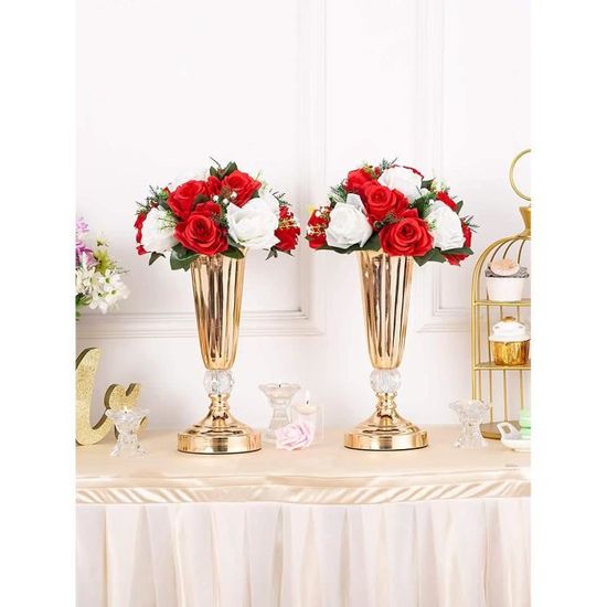 Convient au Centre de la Table Mariage Notre Magasin pour Les Fêtes Décoration de Saint Valentin 15 Têtes de Roses Plastique avec Base Rouge&Blanc NUPTIO 2 Pièces Fleurs Artificielles