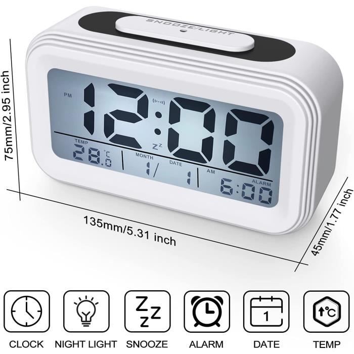 Réveil Digital Réveil Matin, Horloge Numérique Réveil à Pile Silencieux  pour Enfants Adultes Grand écran LED Température Calendrier(Blanc)