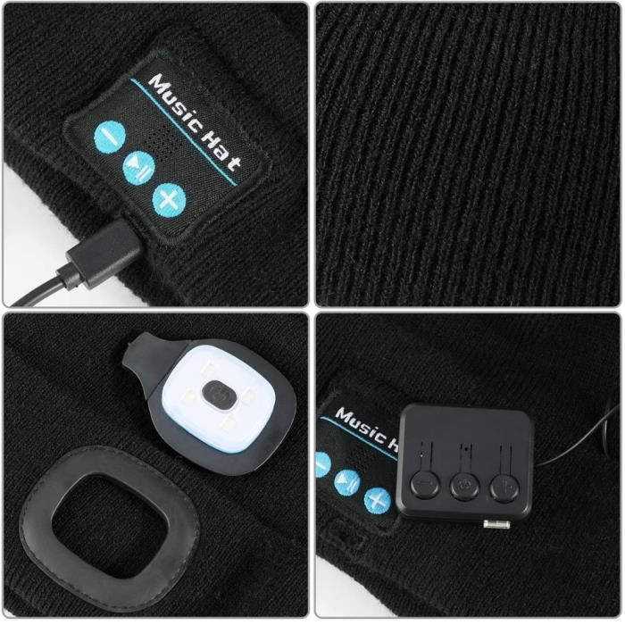 Bonnet Bluetooth sans Fil avec Lampe Frontale LED V5.0 pour écran Tactile  Gants USB Rechargeable Chapeau de Musique Lavable pour Homme Femme Course à
