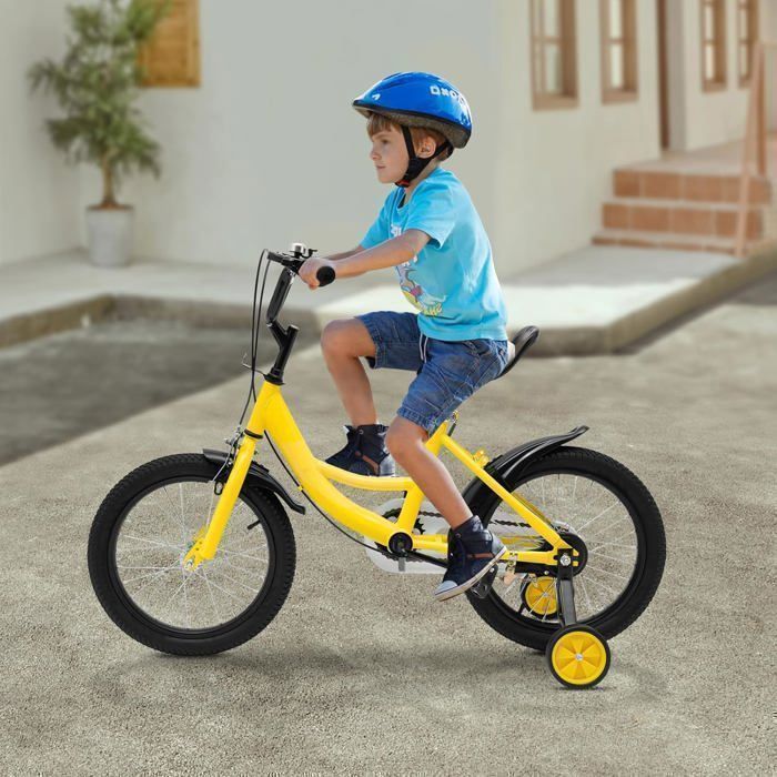 Vélo Enfant 16 Pouces – Acier Carbone, Freins Avant/arrière, Roues Stabilisatrices, Jaune, Pour 5–8 Ans