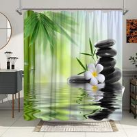 Rideau de douche en tissu polyester imperméable Zen bambous fleurs pierres reflet 180 x 200 cm avec crochets