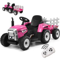 Tracteur Électrique Enfant 12V 7Ah- GOPLUS - avec Télécommande et Remorque Amovible - Charge 30KG - Effet Musique/Sonore - Rose