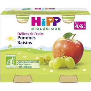 COFFRET CADEAU TEXTILE Hipp Bio Délices de Fruits Pot Pommes Raisins +4m 2 x 190g