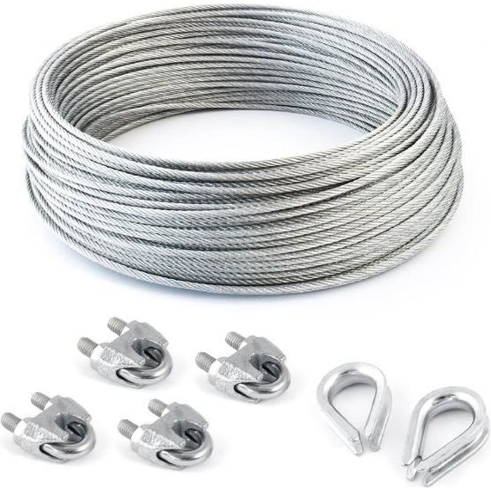Seilwerk STANKE Câble d'acier galvanisé gainé (couche PVC) 10m diamètre 2mm  1x19, 4x Cosse-coeur, 8x Serre-câble à étrier - SET 2 - Cdiscount Bricolage