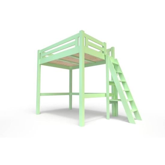 Lit Mezzanine Alpage bois + échelle hauteur réglable - ABC MEUBLES - 120x200 - Vert pastel - Robuste et pratique