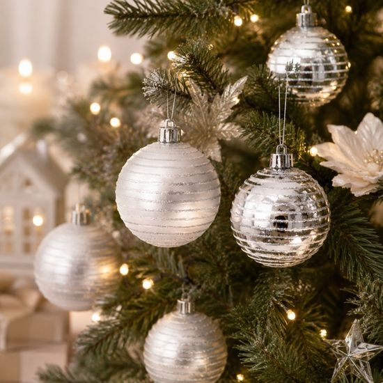 16 Boules De Noël En Plastique 6 Cm Argent & Bleu - Décoration Sapin Incassable